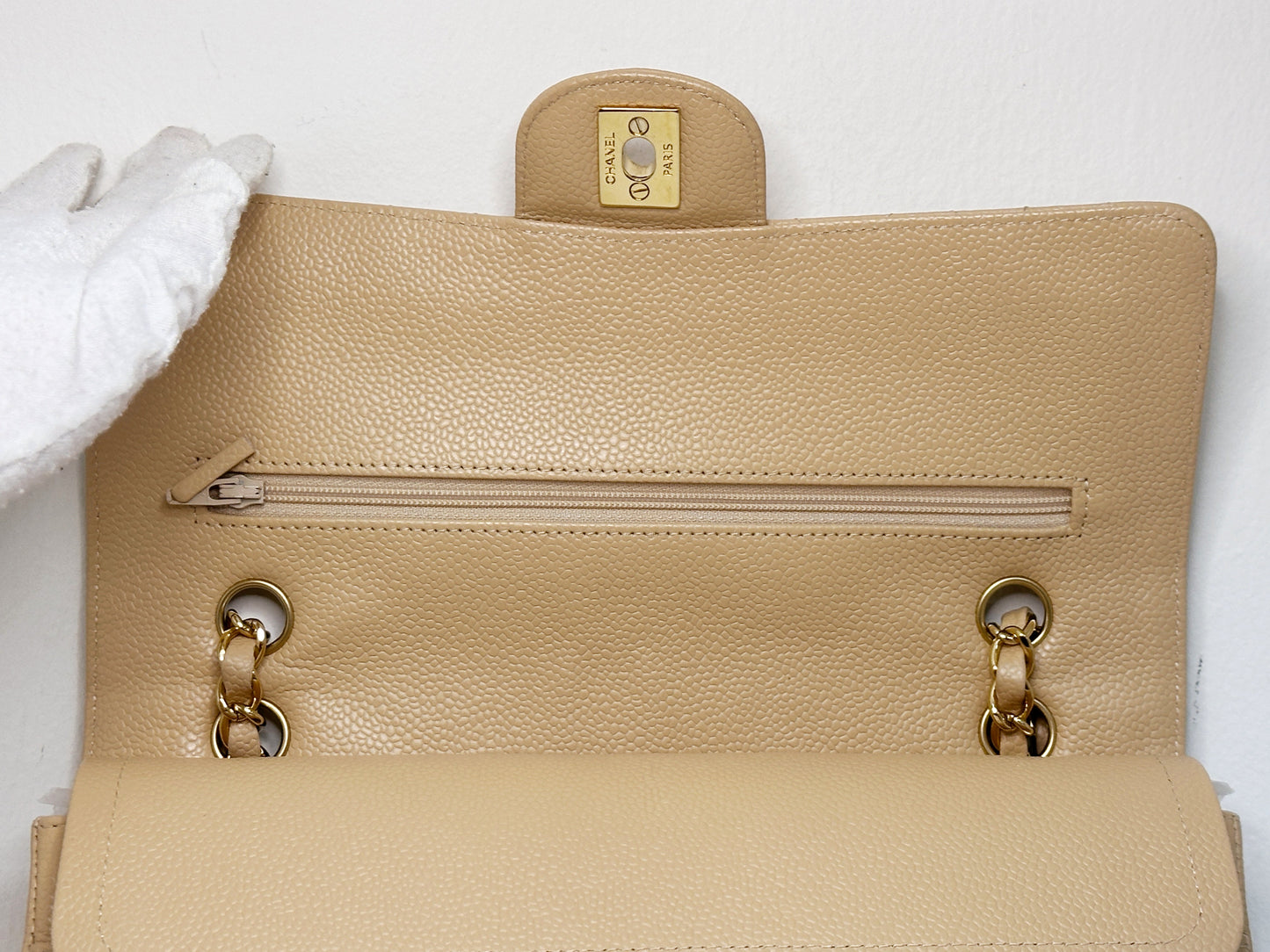 Chanel Medium Caviar Classic Double Flap Bag Beige 2552 holo card