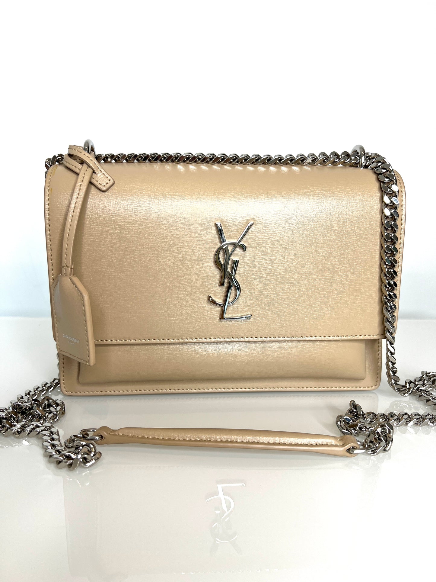 Saint Laurent YSL Sunset Medium Beige Chain Crossbody Shoulder Bag