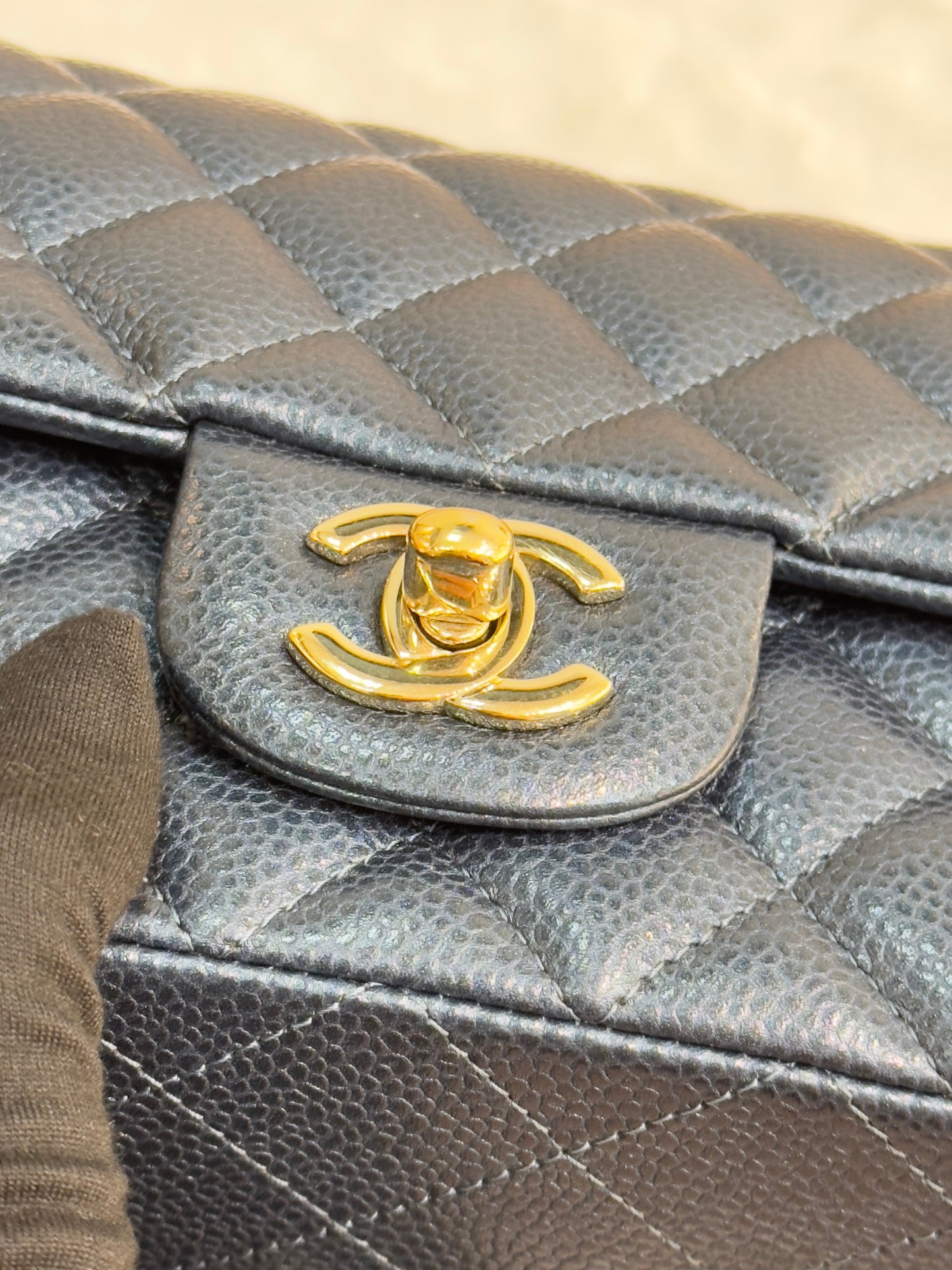CHANEL Pearly Caviar Quilted Mini Rectangular Flap Navy Blue 18S