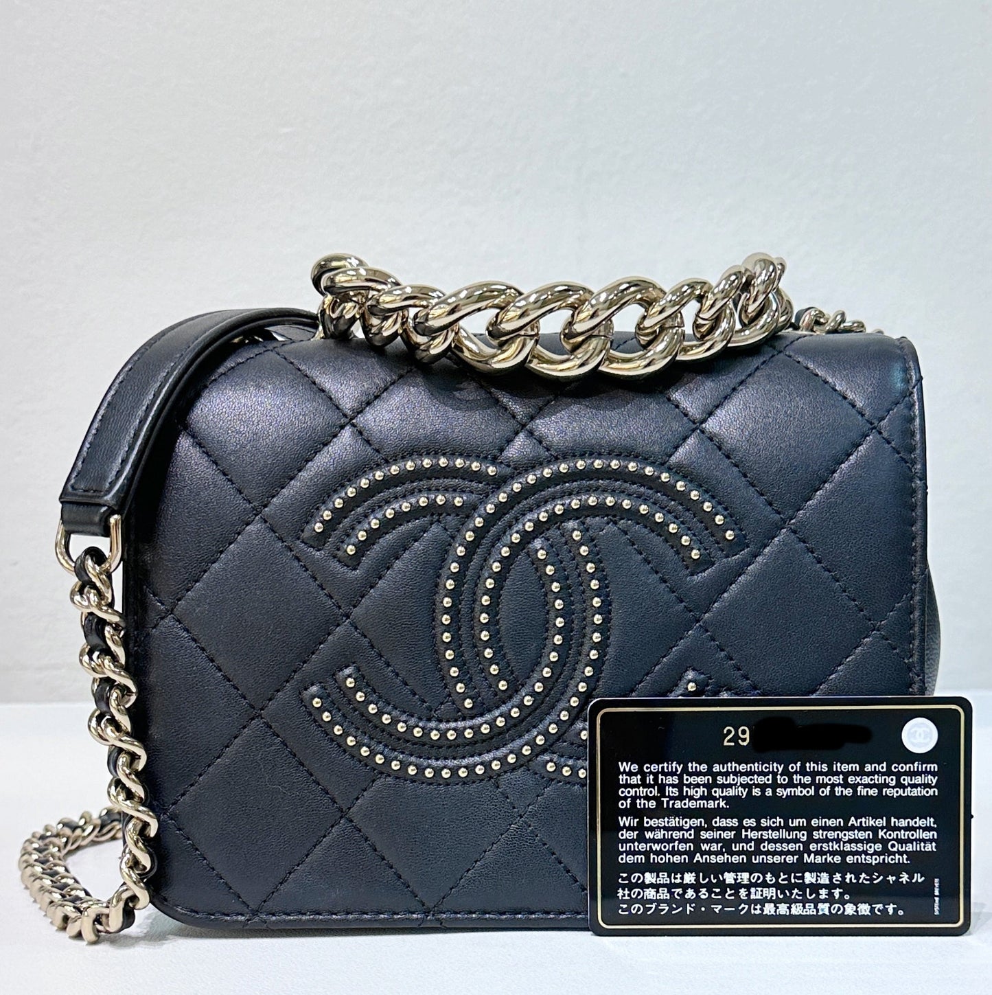 CHANEL Lambskin Quilted Studded Beauty Begins Flap Black