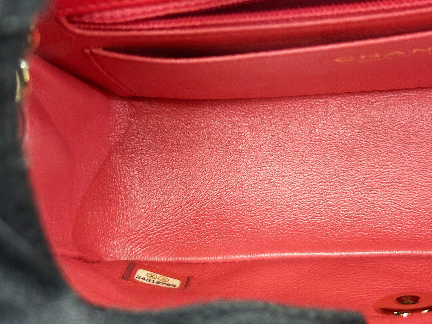 CHANEL Lambskin Quilted Mini Rectangular Flap Red 2491 holo card