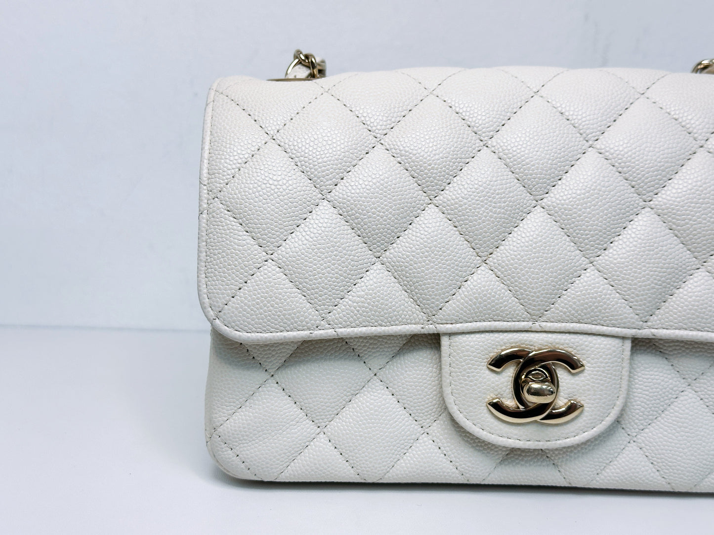 Chanel Mini Rectangular Caviar Classic White GHW 2382 holo card