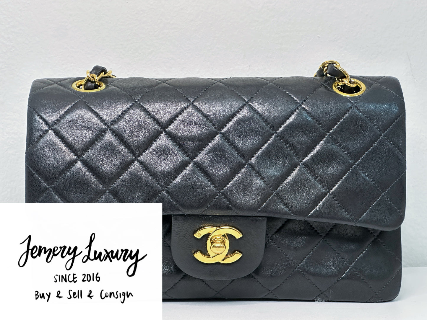 Chanel Vintage Black Quilted Lambskin Small Classic Double Flap Bag 4591 holo card