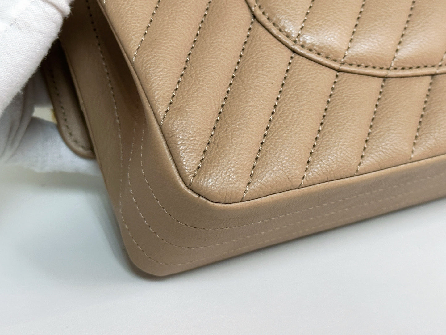 Chanel Calfskin Chevron Quilted Medium Double Flap Beige 2383 holo card