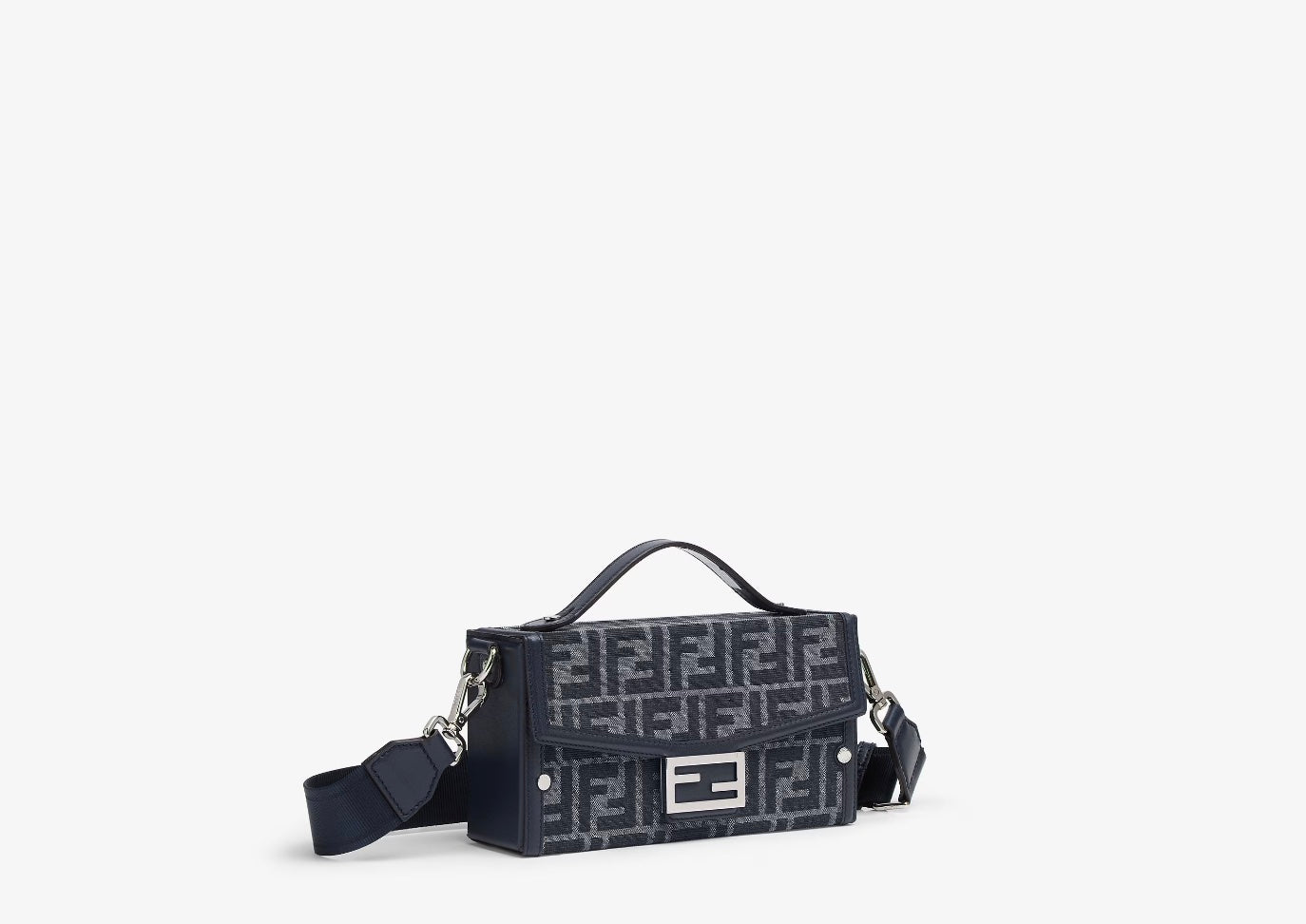 FENDI FF BLUE JACQUARD AND LEATHER SOFT TRUNK BAGUETTE BAG