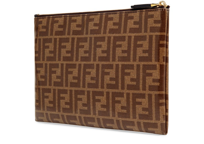 FENDI FF LOGO ZUCCA COATED CANVAS & LEATHER POUCH