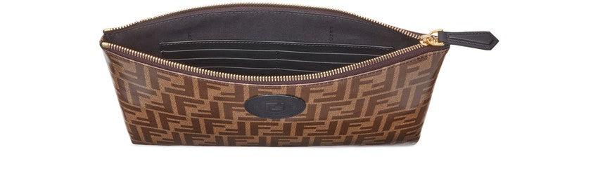 FENDI FF LOGO ZUCCA COATED CANVAS & LEATHER POUCH