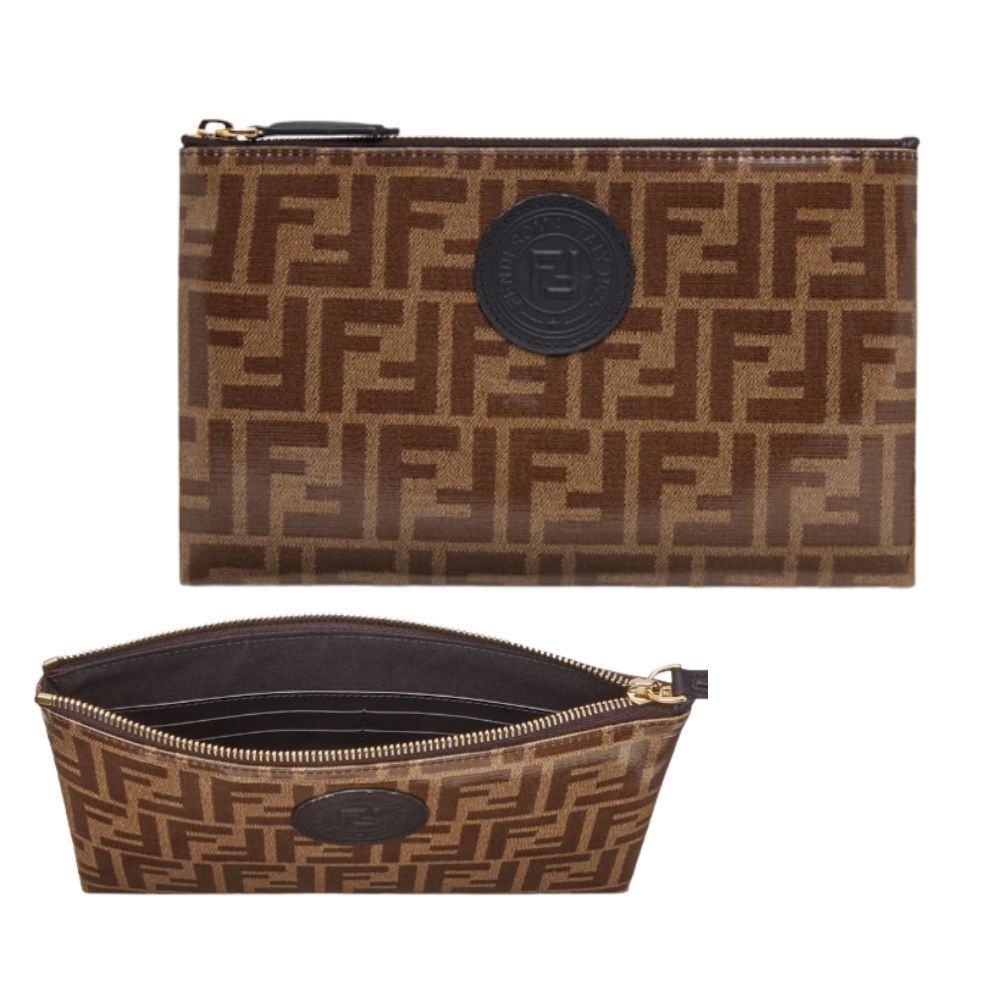 FENDI FF LOGO ZUCCA COATED CANVAS & LEATHER POUCH