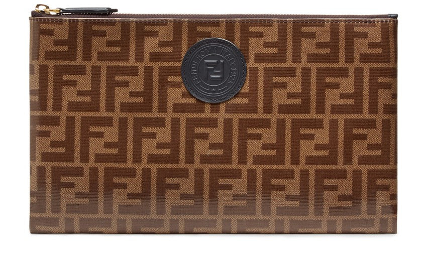 FENDI FF LOGO ZUCCA COATED CANVAS & LEATHER POUCH