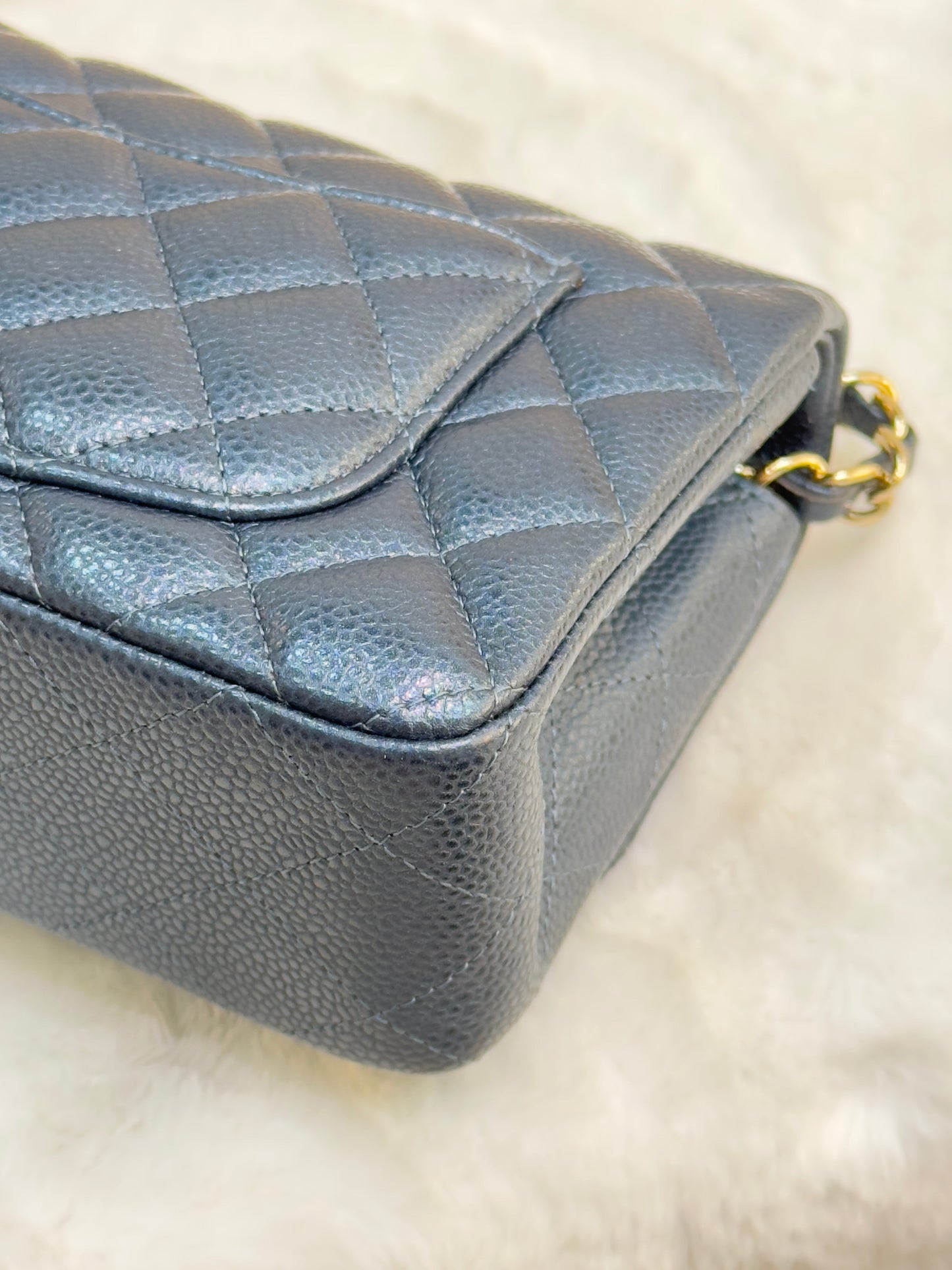 CHANEL Pearly Caviar Quilted Mini Rectangular Flap Navy Blue 18S
