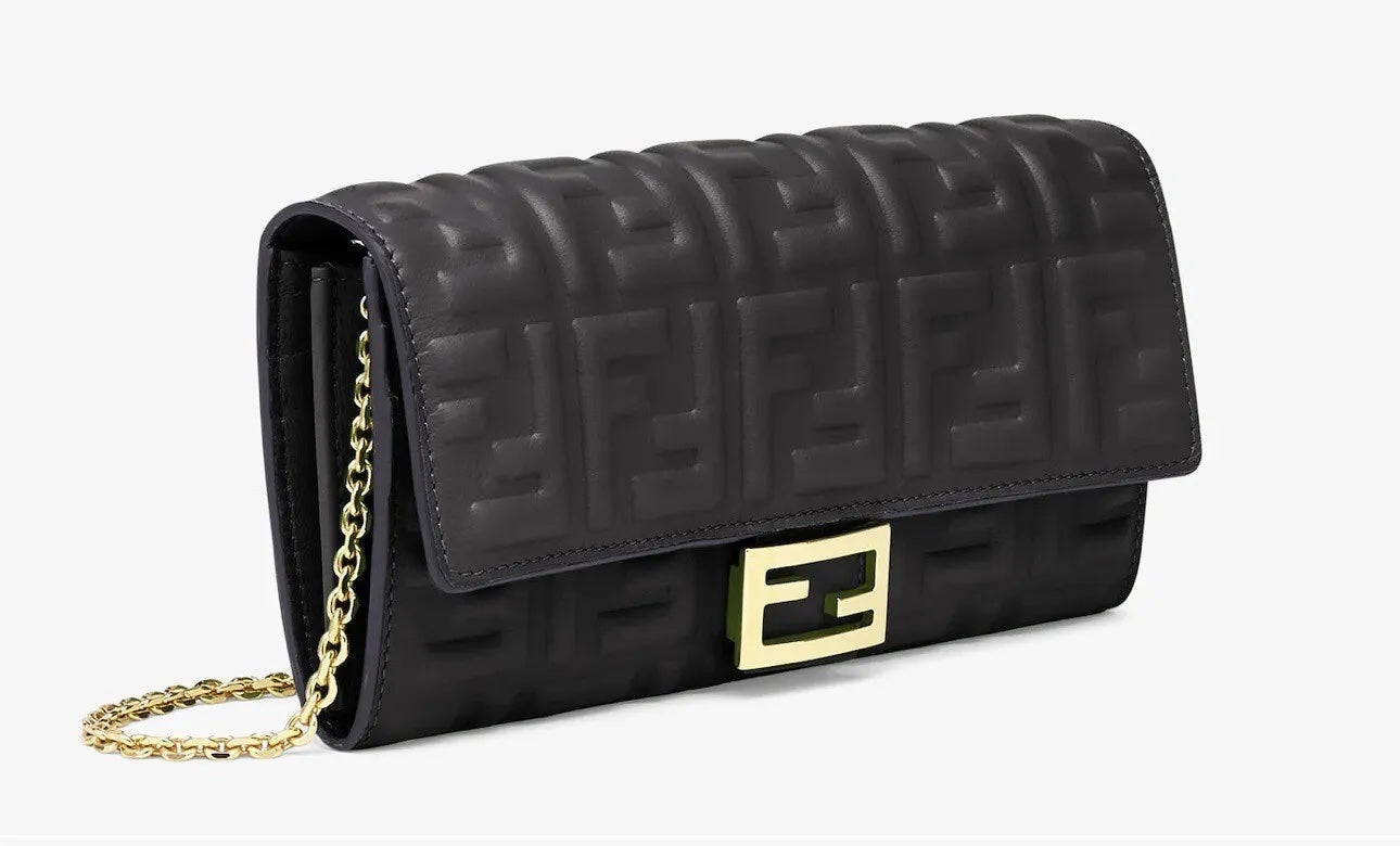 FENDI FF BAGUETTE EMBOSSED LEATHER SHOULDER BAG WALLET ON A CHAIN