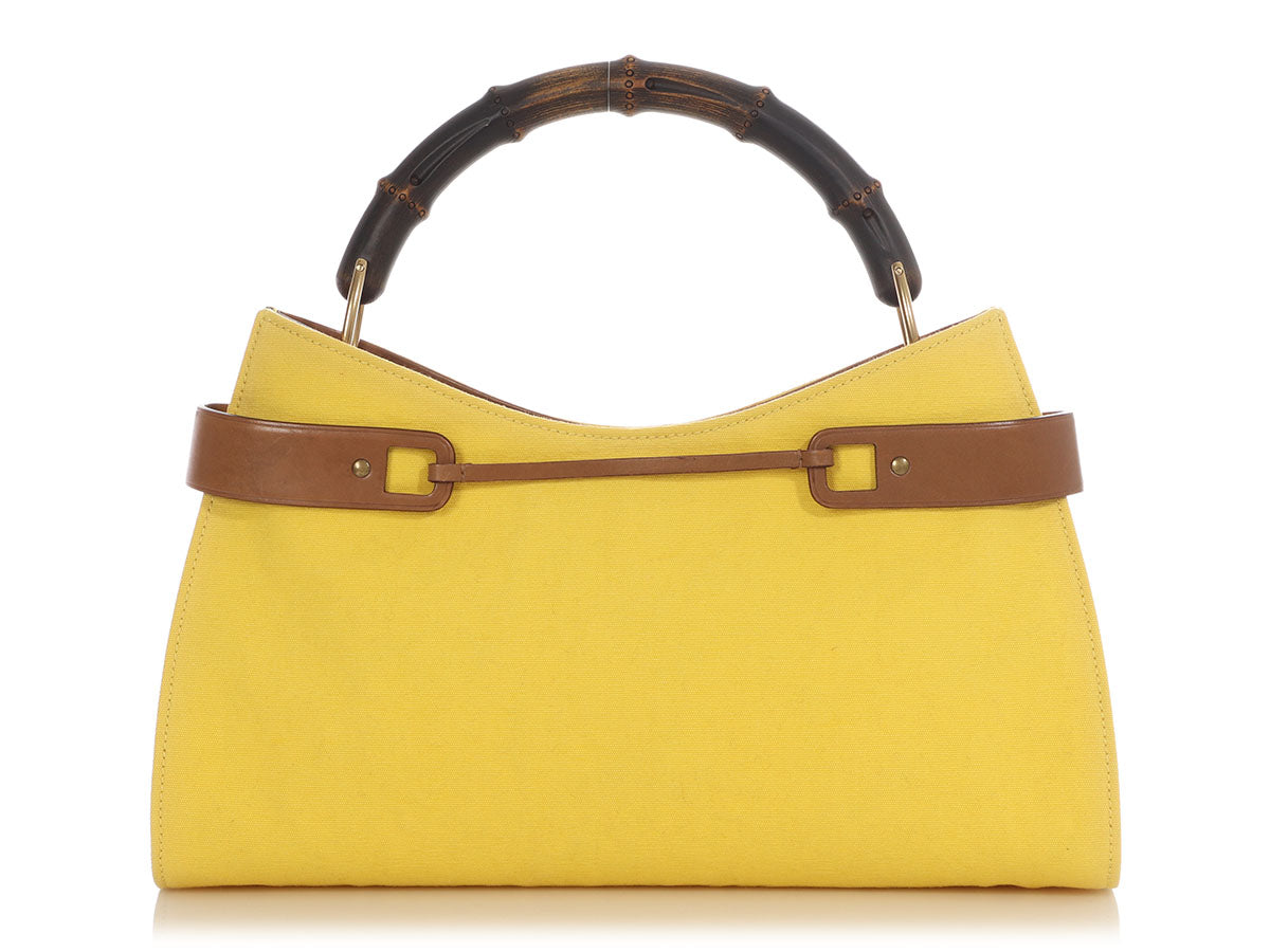 Gucci Yellow Canvas Bamboo Shoulder Bag