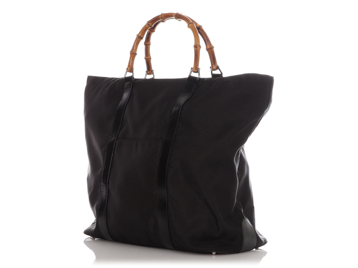 Gucci Black Leather-Trimmed Nylon Bamboo Handle Tote