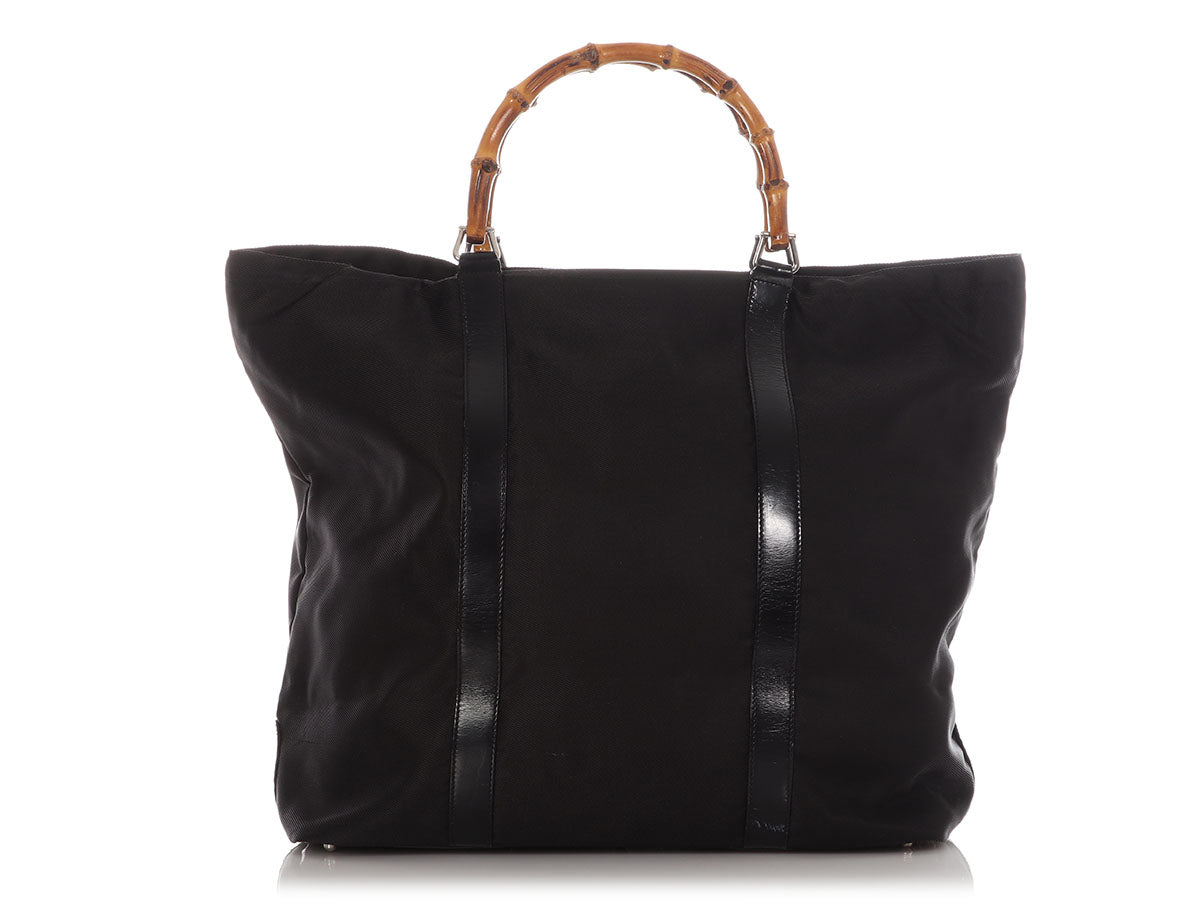 Gucci Black Leather-Trimmed Nylon Bamboo Handle Tote