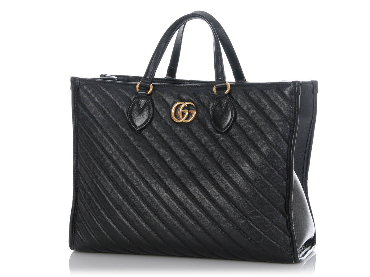 Gucci Black Matelassé Diagonal GG Marmont Tote