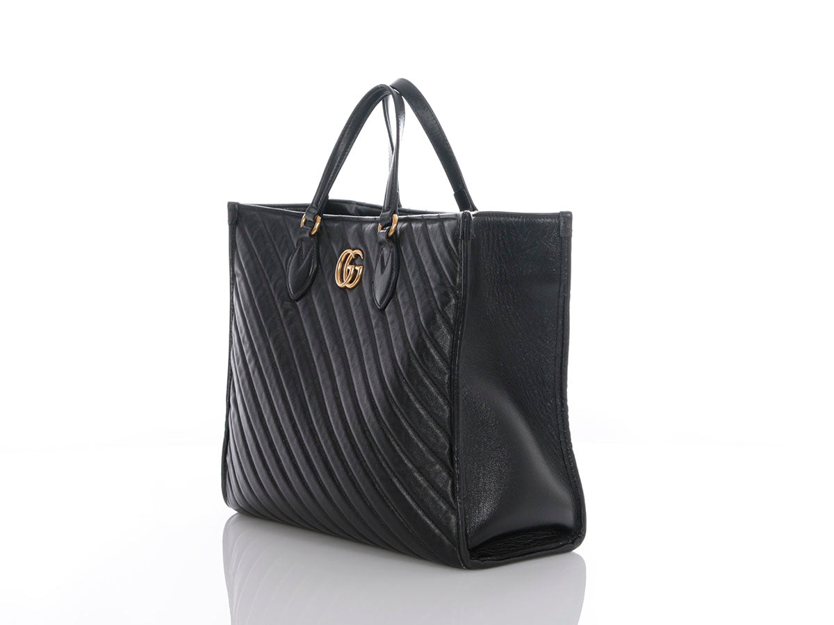 Gucci Black Matelassé Diagonal GG Marmont Tote