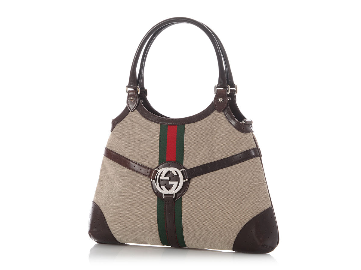 Gucci Beige and Brown Web Canvas Reins Shoulder Bag