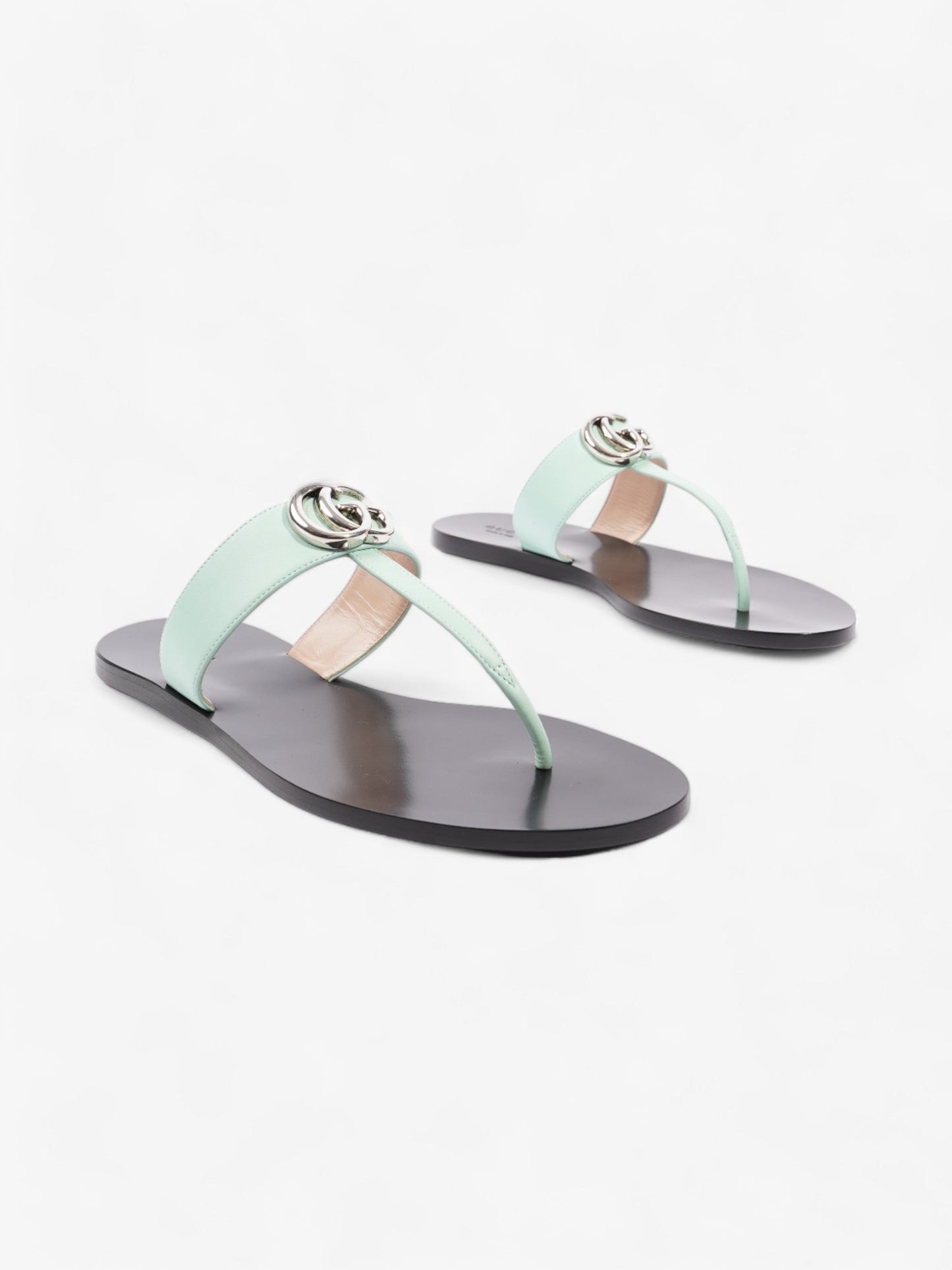 Gucci GG Marmont Thong Sandals Turquoise / Black Calfskin Leather EU 39.5 UK 6.5