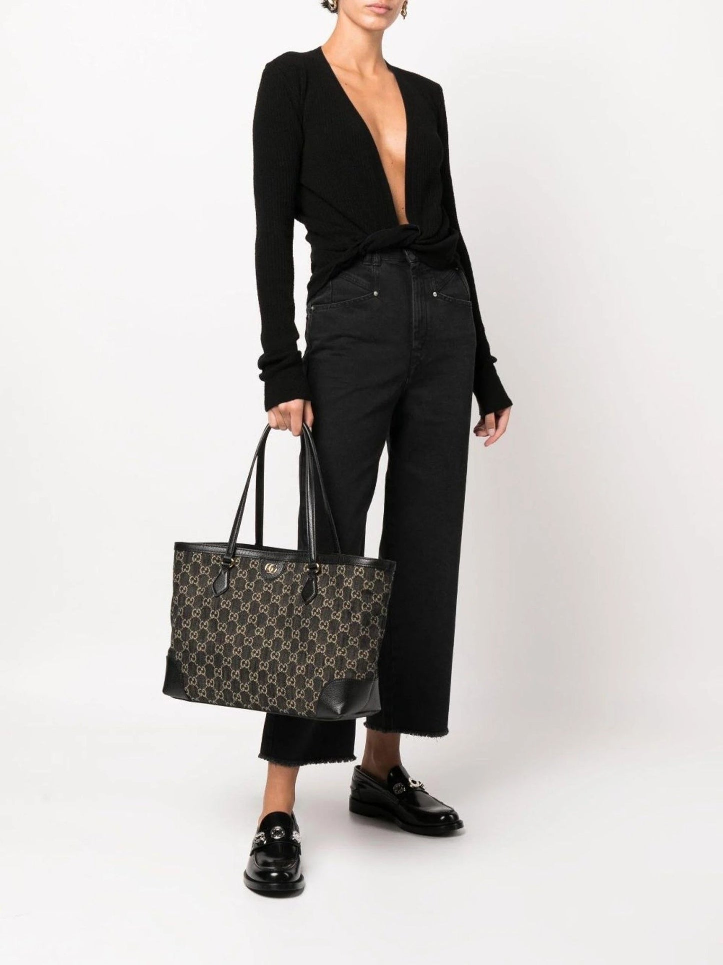 GUCCI JACQUARD GG MONOGRAM OPHIDIA MEDIUM DENIM TOTE BAG