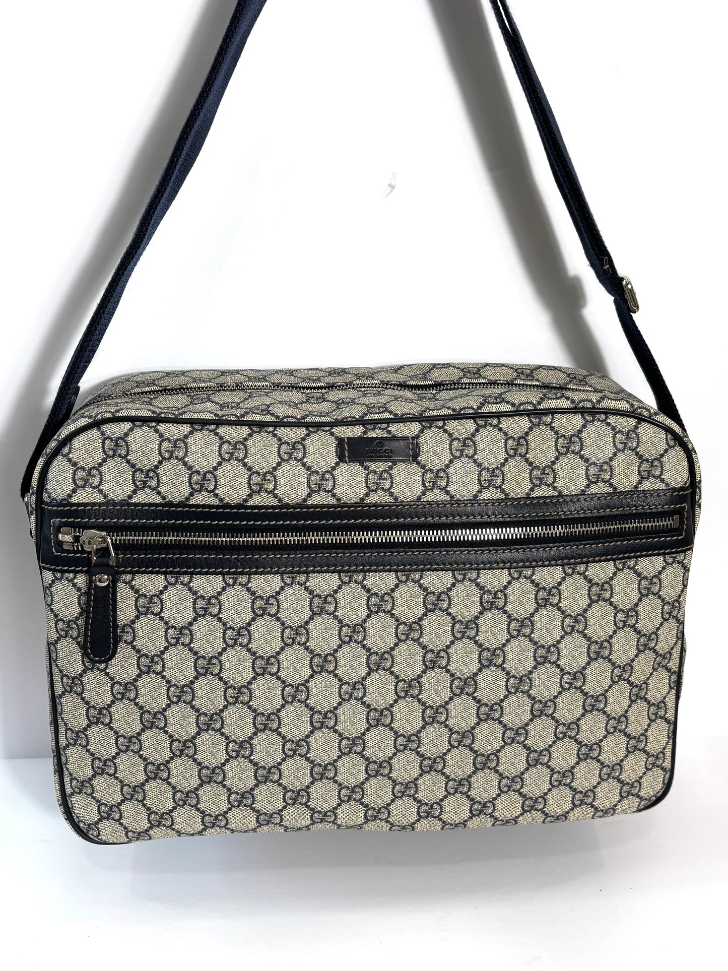 GUCCI GG PLUS MONOGRAM COATED CANVAS MESSENGER BAG NAVY