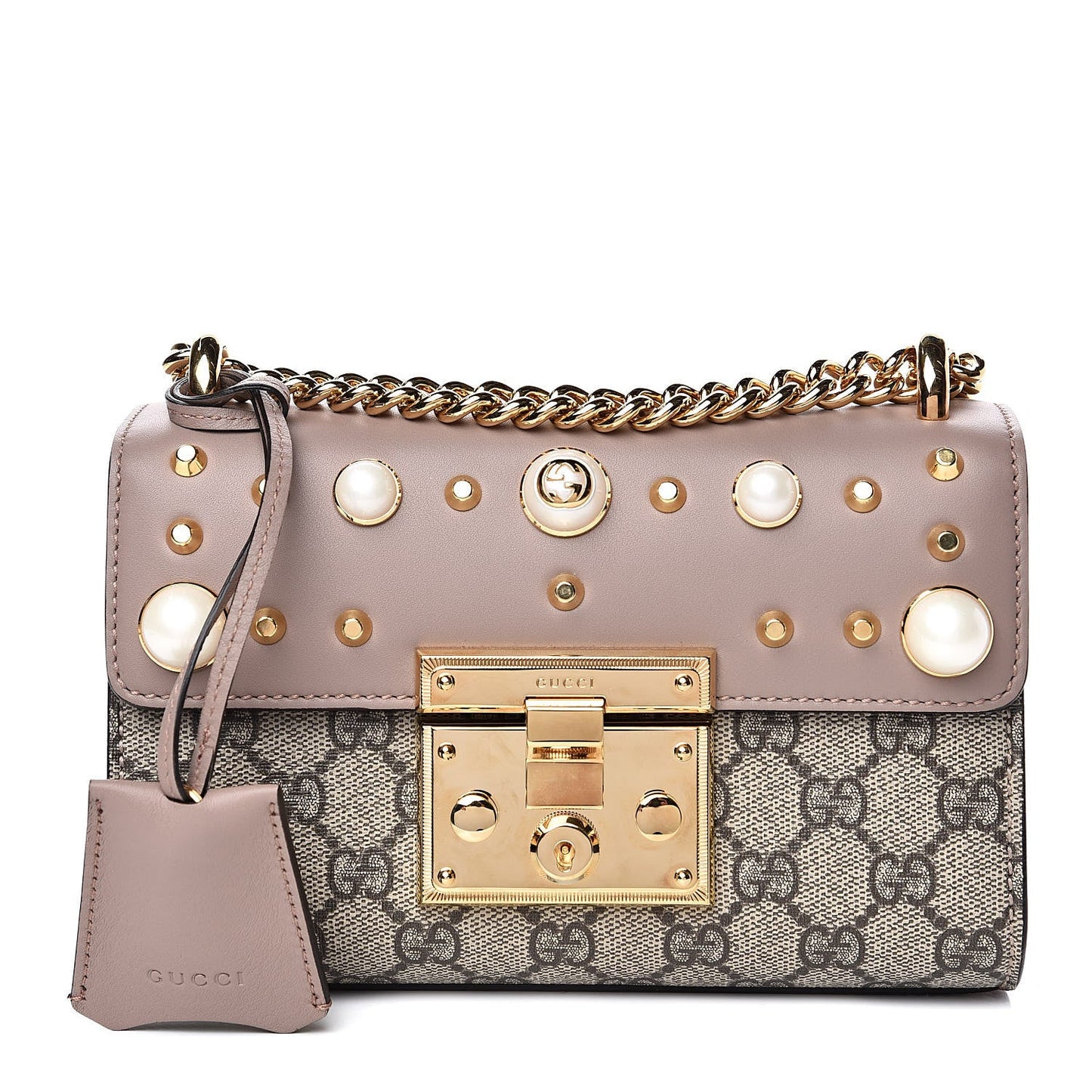 GUCCI GG SUPREME MONOGRAM STUDDED SMALL PADLOCK SHOULDER BAG