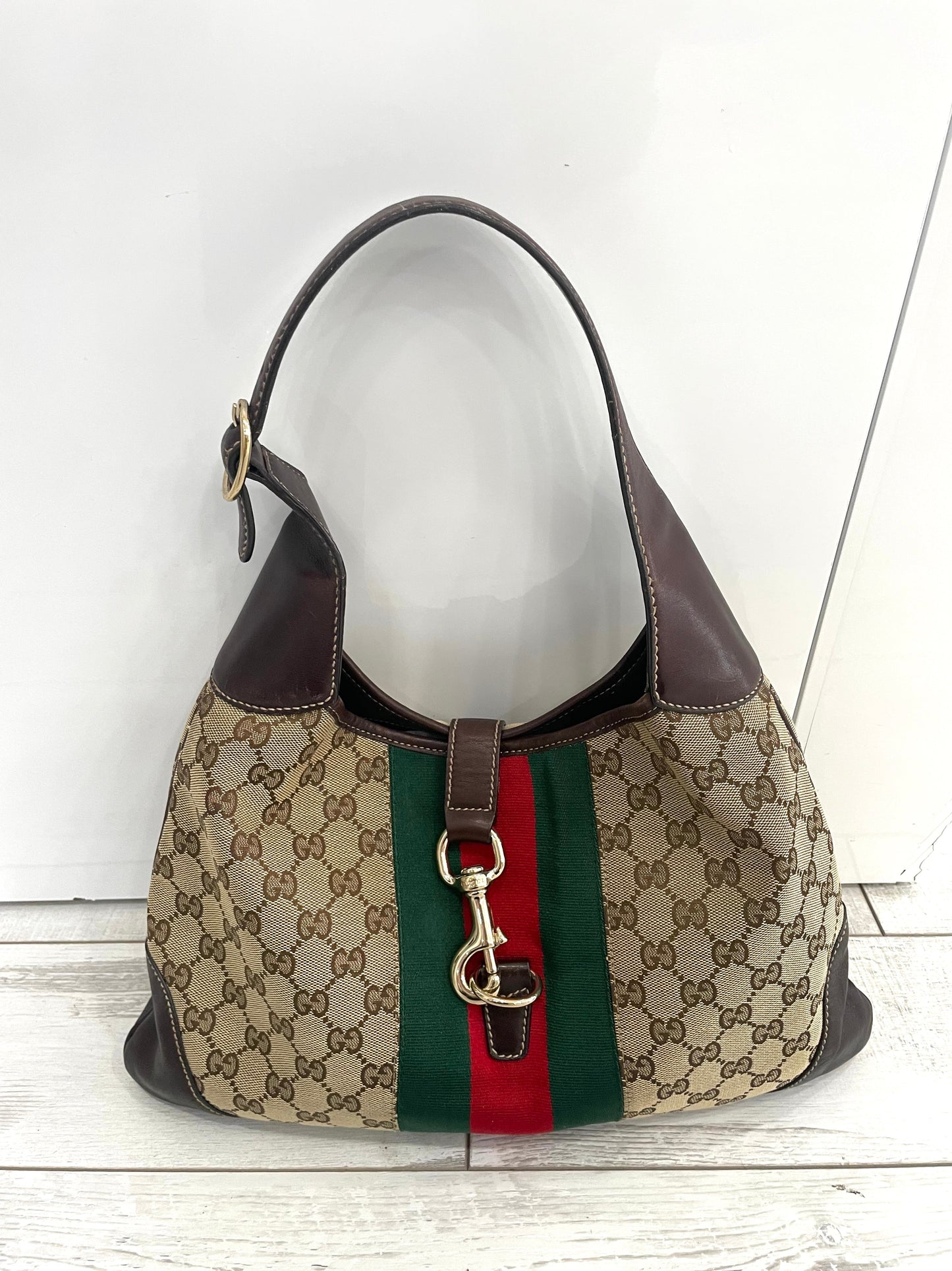 GUCCI MONOGRAM VINTAGE WEB JACKIE O BOUVIER HOBO BAG