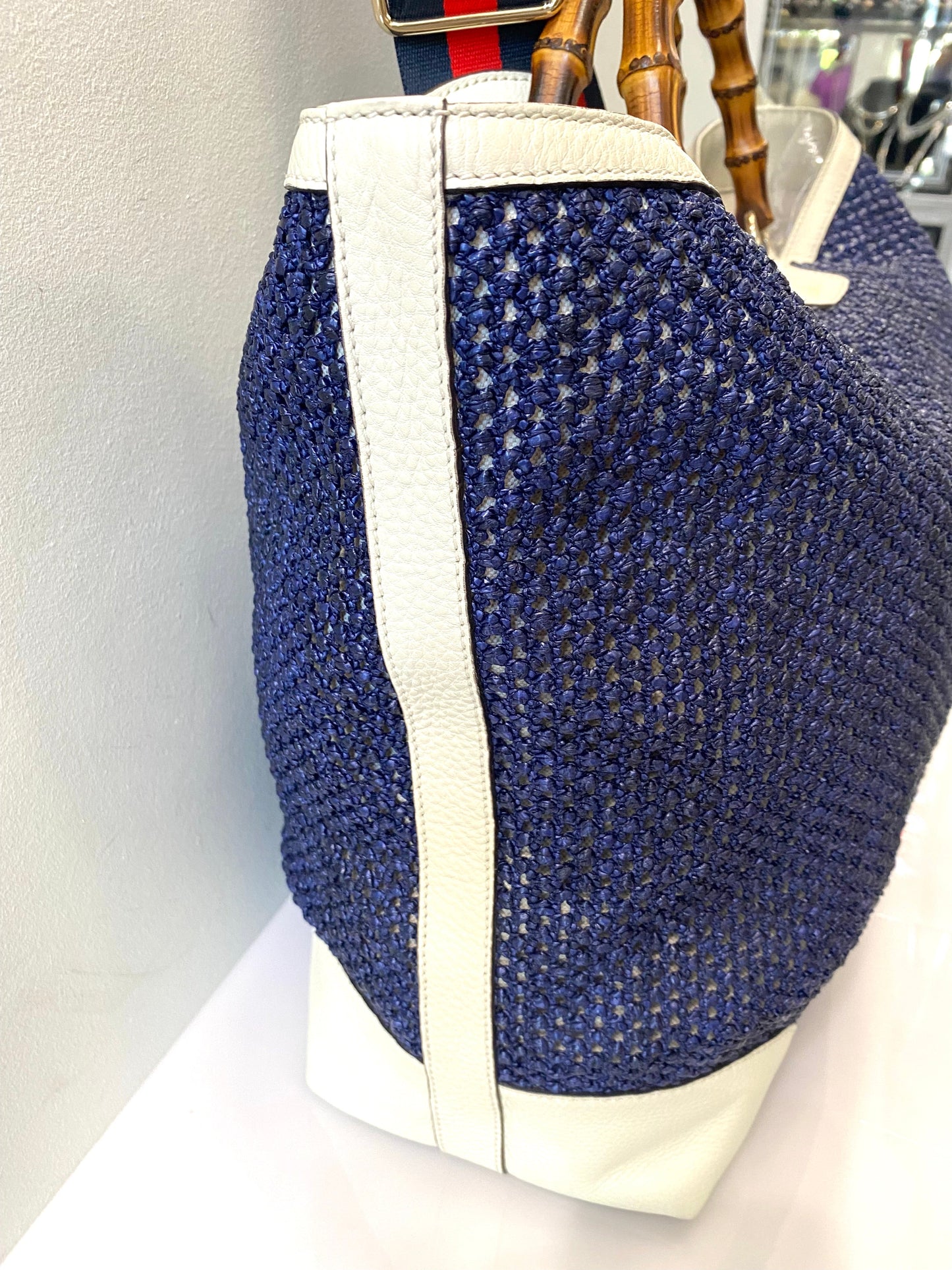 GUCCI VINTAGE WEB STRAP BAMBOO HANDLE TOTE BAG WITH SHOULDER STRAP