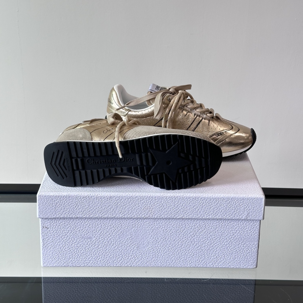 Gold-Tone Crinkled Lambskin and Laminated Calfskin D-Sketch Sneaker Designer Sneakers for Men and Women