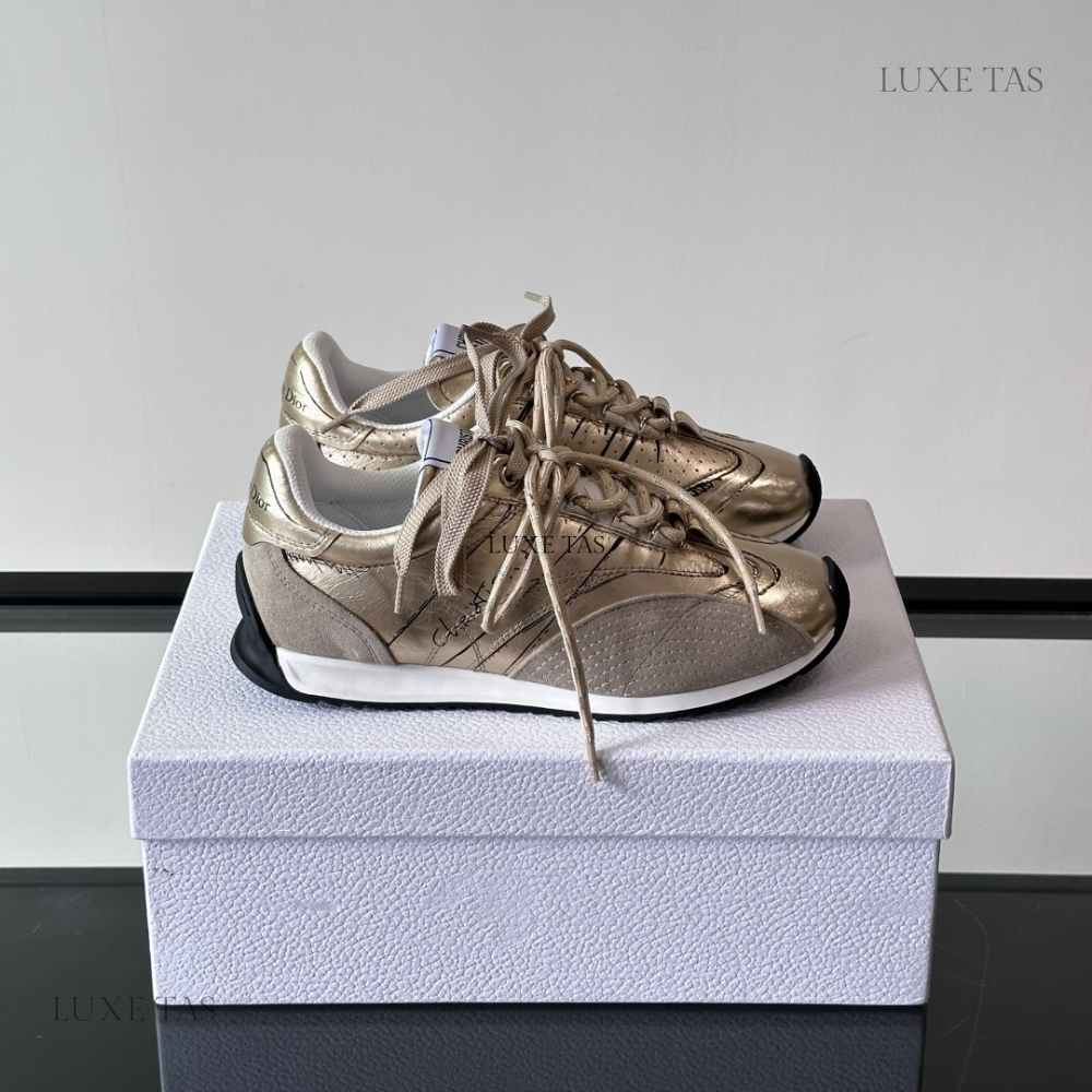 Gold-Tone Crinkled Lambskin and Laminated Calfskin D-Sketch Sneaker Designer Sneakers for Men and Women