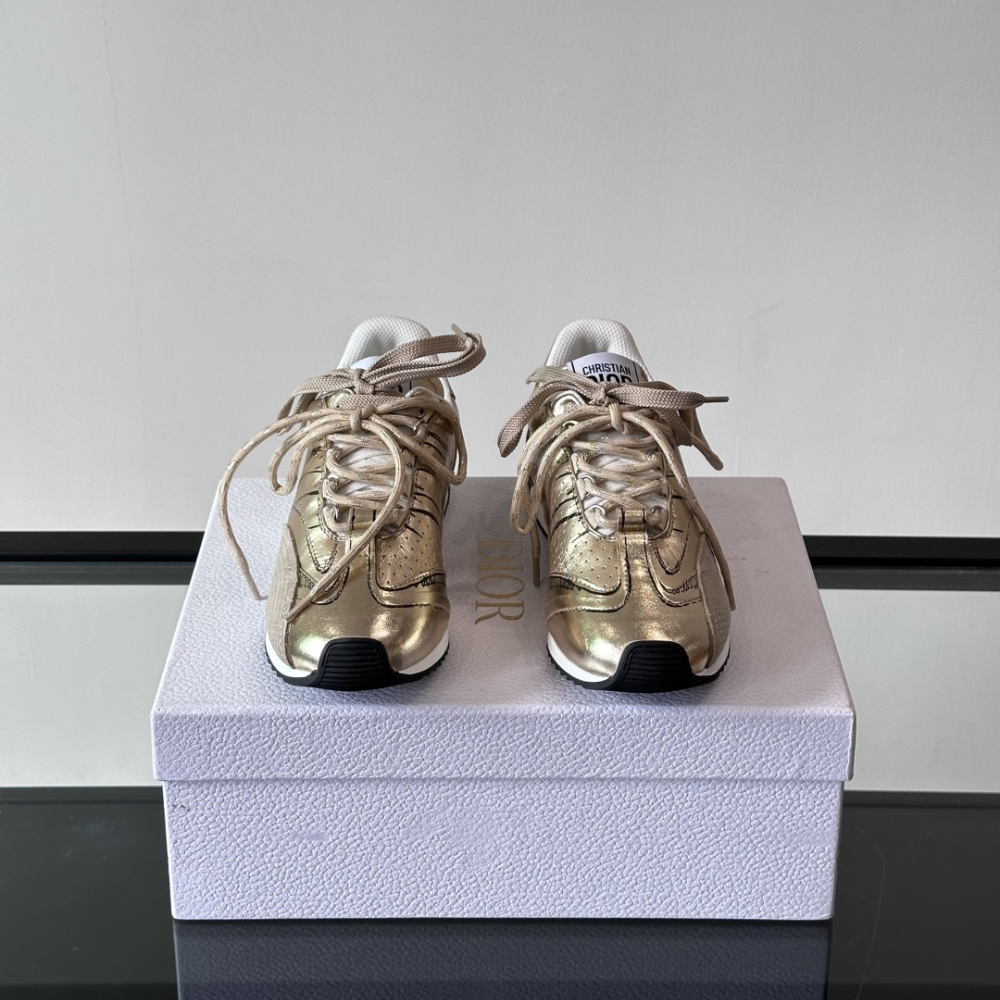 Gold-Tone Crinkled Lambskin and Laminated Calfskin D-Sketch Sneaker Designer Sneakers for Men and Women