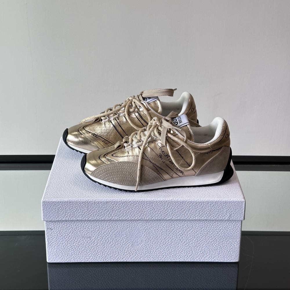 Gold-Tone Crinkled Lambskin and Laminated Calfskin D-Sketch Sneaker Designer Sneakers for Men and Women