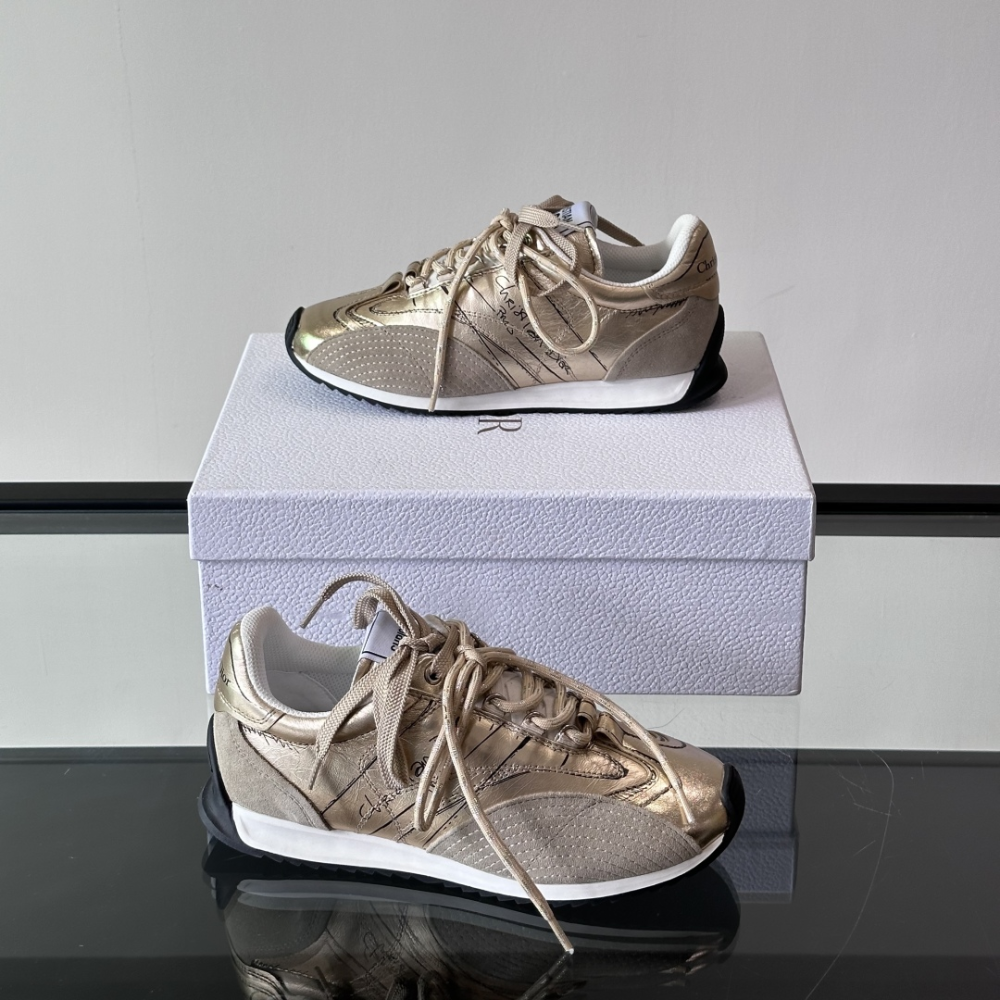 Gold-Tone Crinkled Lambskin and Laminated Calfskin D-Sketch Sneaker Designer Sneakers for Men and Women