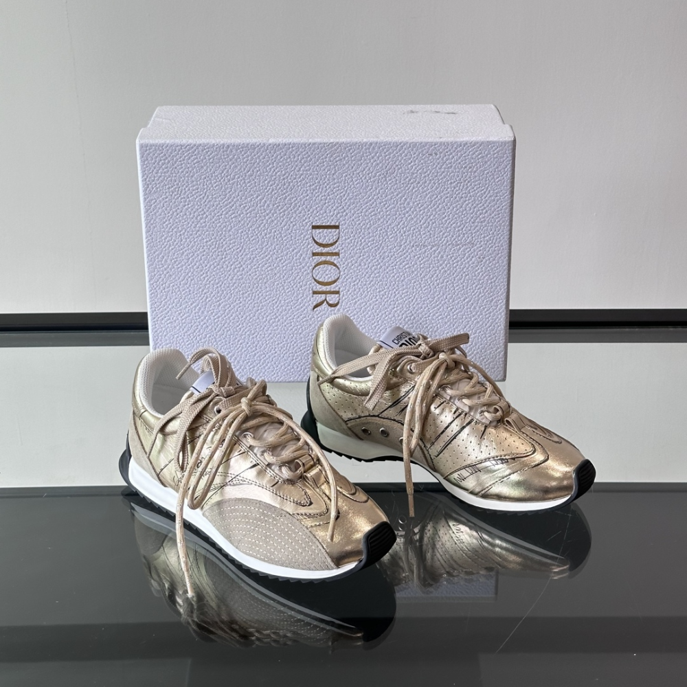 Gold-Tone Crinkled Lambskin and Laminated Calfskin D-Sketch Sneaker Designer Sneakers for Men and Women