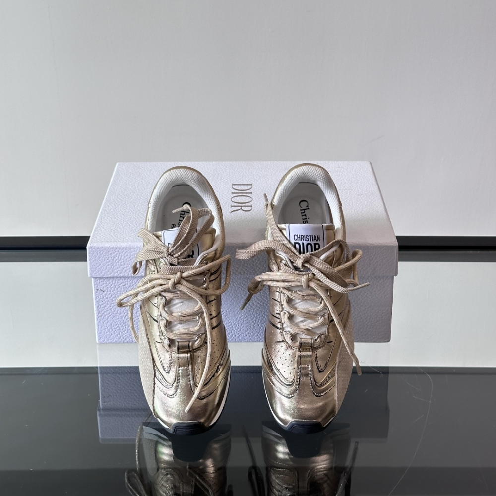 Gold-Tone Crinkled Lambskin and Laminated Calfskin D-Sketch Sneaker Designer Sneakers for Men and Women