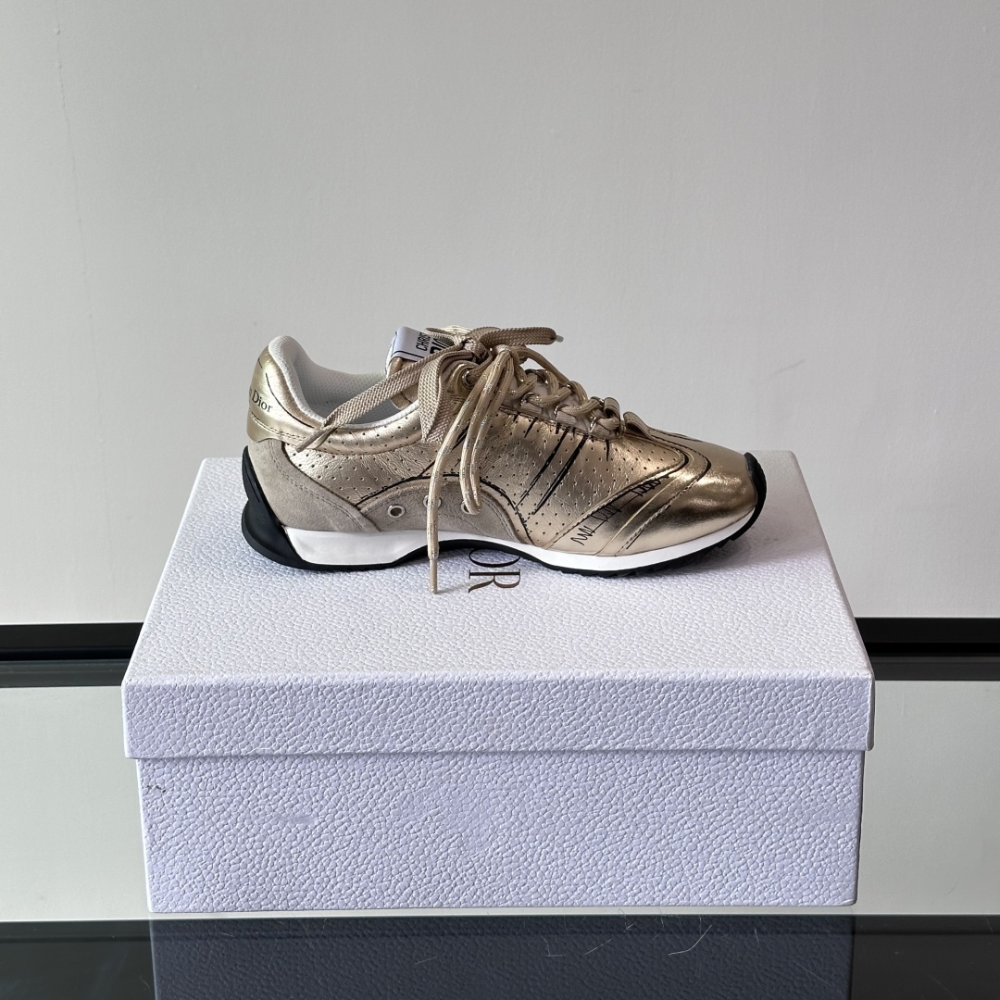 Gold-Tone Crinkled Lambskin and Laminated Calfskin D-Sketch Sneaker Designer Sneakers for Men and Women