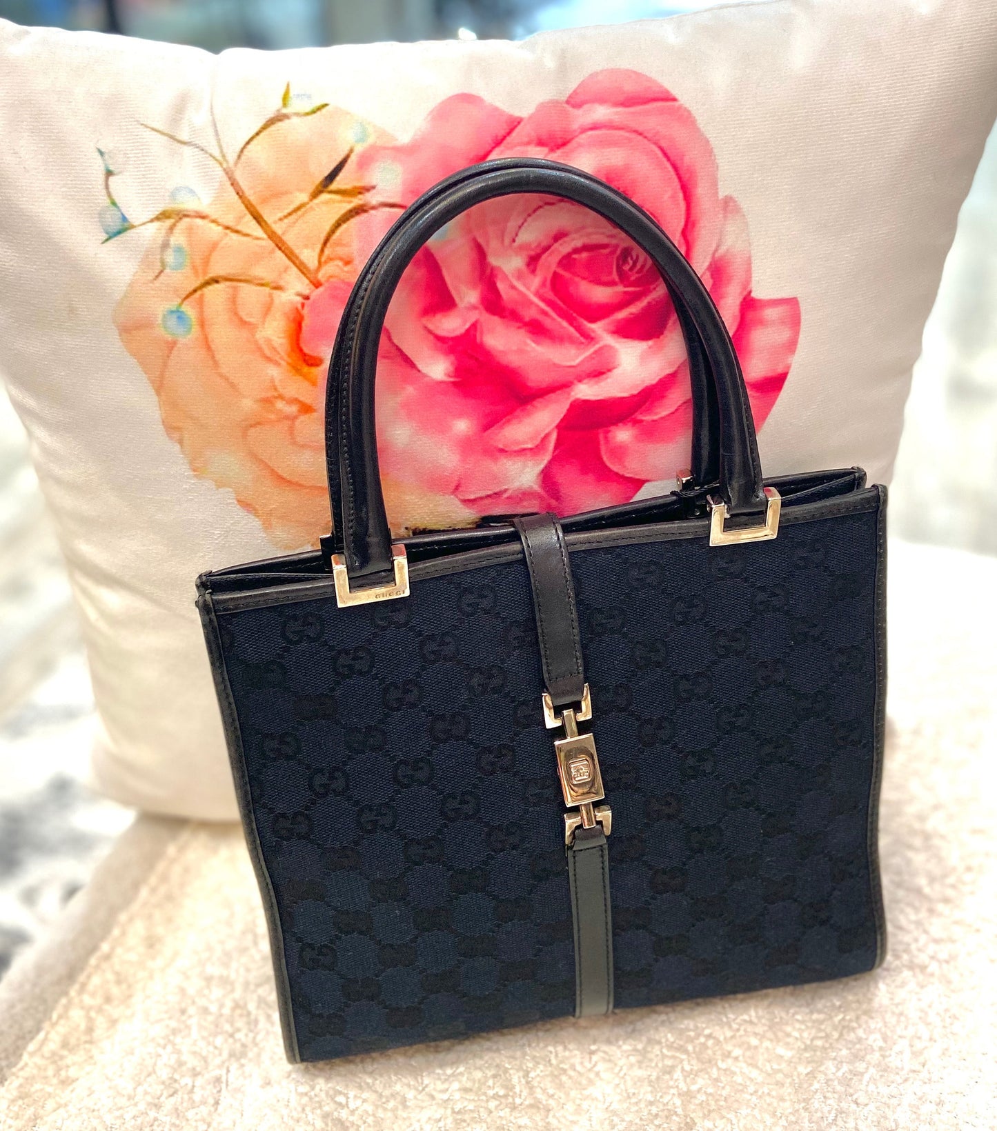GUCCI GG CANVAS & LEATHER JACKIE TOTE BAG