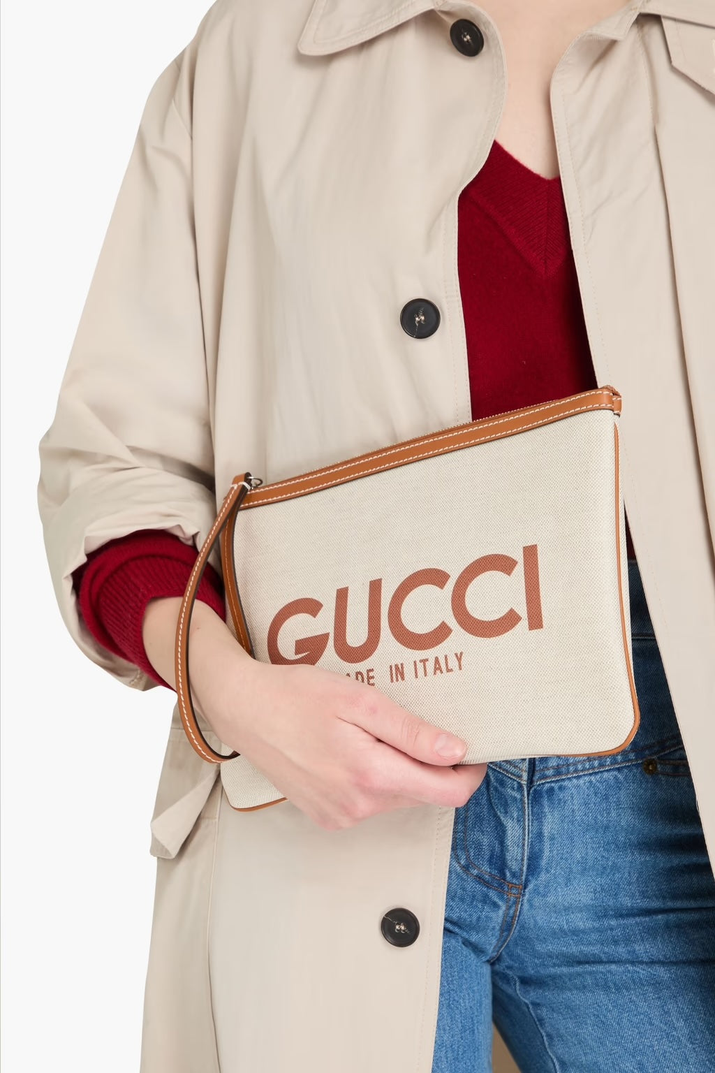 GUCCI LOGO PRINT CANVAS & LEATHER CLUTCH WRISTLET