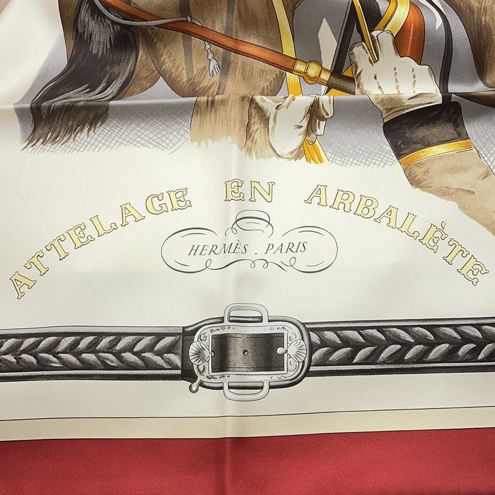 HERMES Scarf Carre 90 Carriage bow connection ATTELAGE EN ARBALETE Rouge Cui/Greige/Halzan Silk 100%