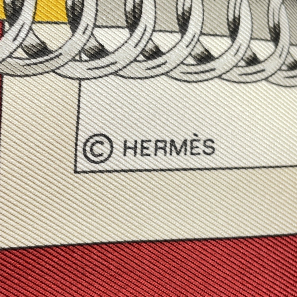HERMES Scarf Carre 90 Carriage bow connection ATTELAGE EN ARBALETE Rouge Cui/Greige/Halzan Silk 100%