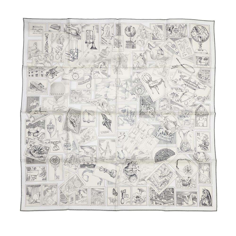 HERMES Carre Le Philateliste du Faubourg "The Philatelist of Fauve" Size 90 Gray / Parchement / White Silk100%