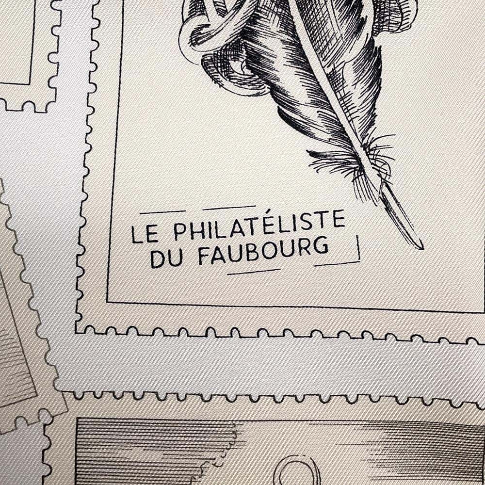 HERMES Carre Le Philateliste du Faubourg "The Philatelist of Fauve" Size 90 Gray / Parchement / White Silk100%