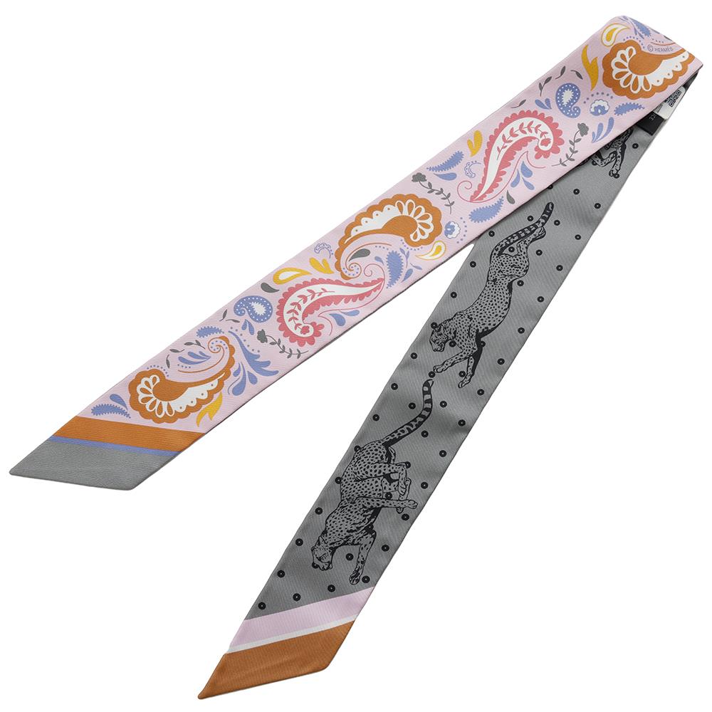 HERMES Scarf Twilly Cheetah Bandana Guepards Bandana Pink / Gray / Blue Silk 100%
