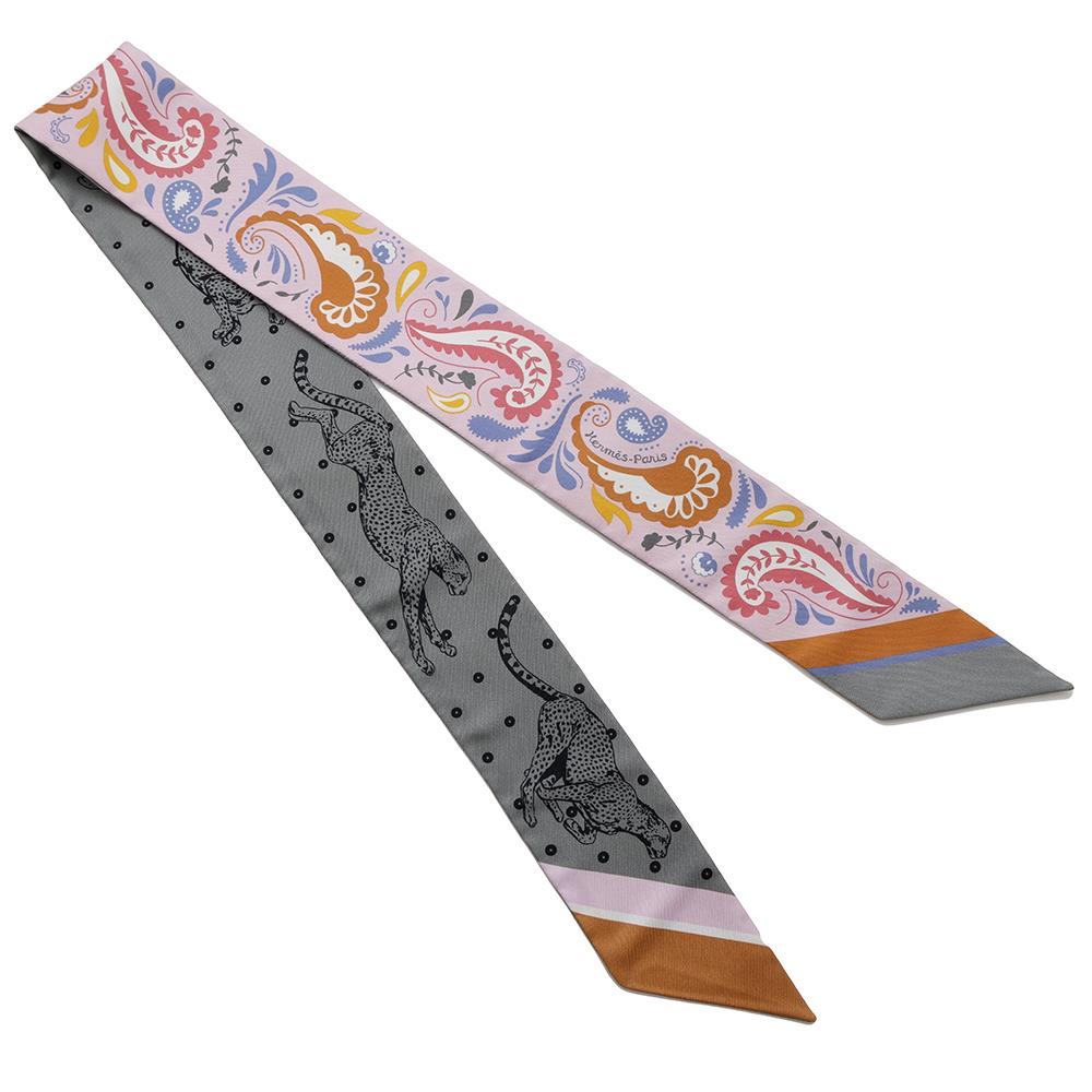 HERMES Scarf Twilly Cheetah Bandana Guepards Bandana Pink / Gray / Blue Silk 100%