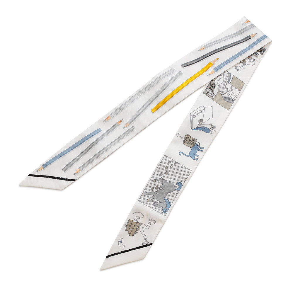 HERMES Twilly: Get out your colored pencils! White/Gray/Blue Jean Silk100%