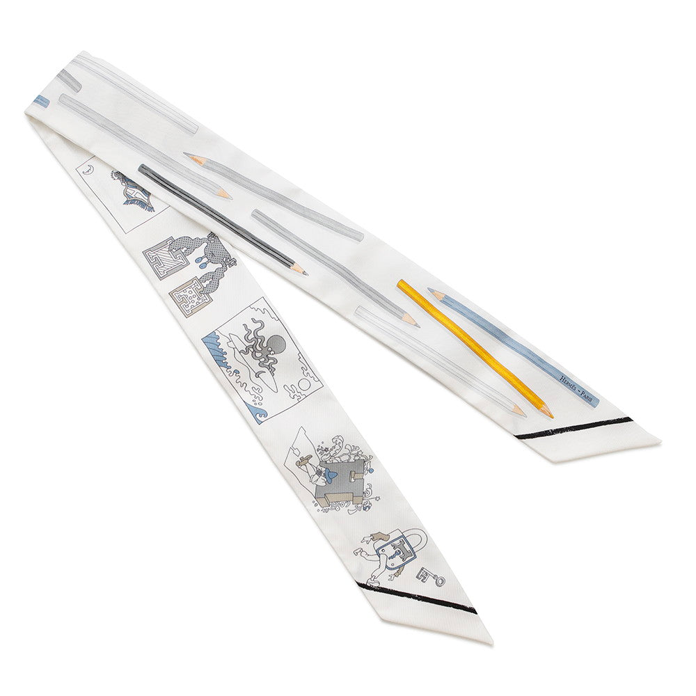 HERMES Twilly: Get out your colored pencils! White/Gray/Blue Jean Silk100%