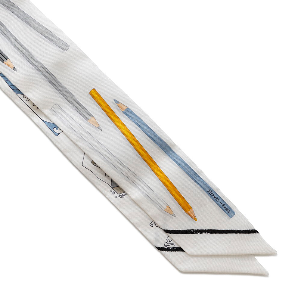 HERMES Twilly: Get out your colored pencils! White/Gray/Blue Jean Silk100%