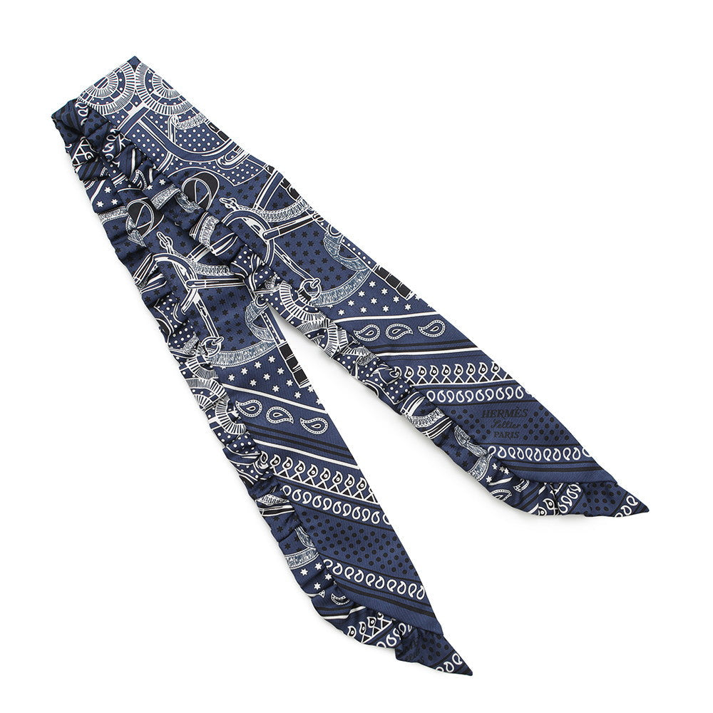 HERMES Twilly Frill Apron Doll Bandana Eperon d'Or Bandana Marine Fonce/Black/White Silk100%