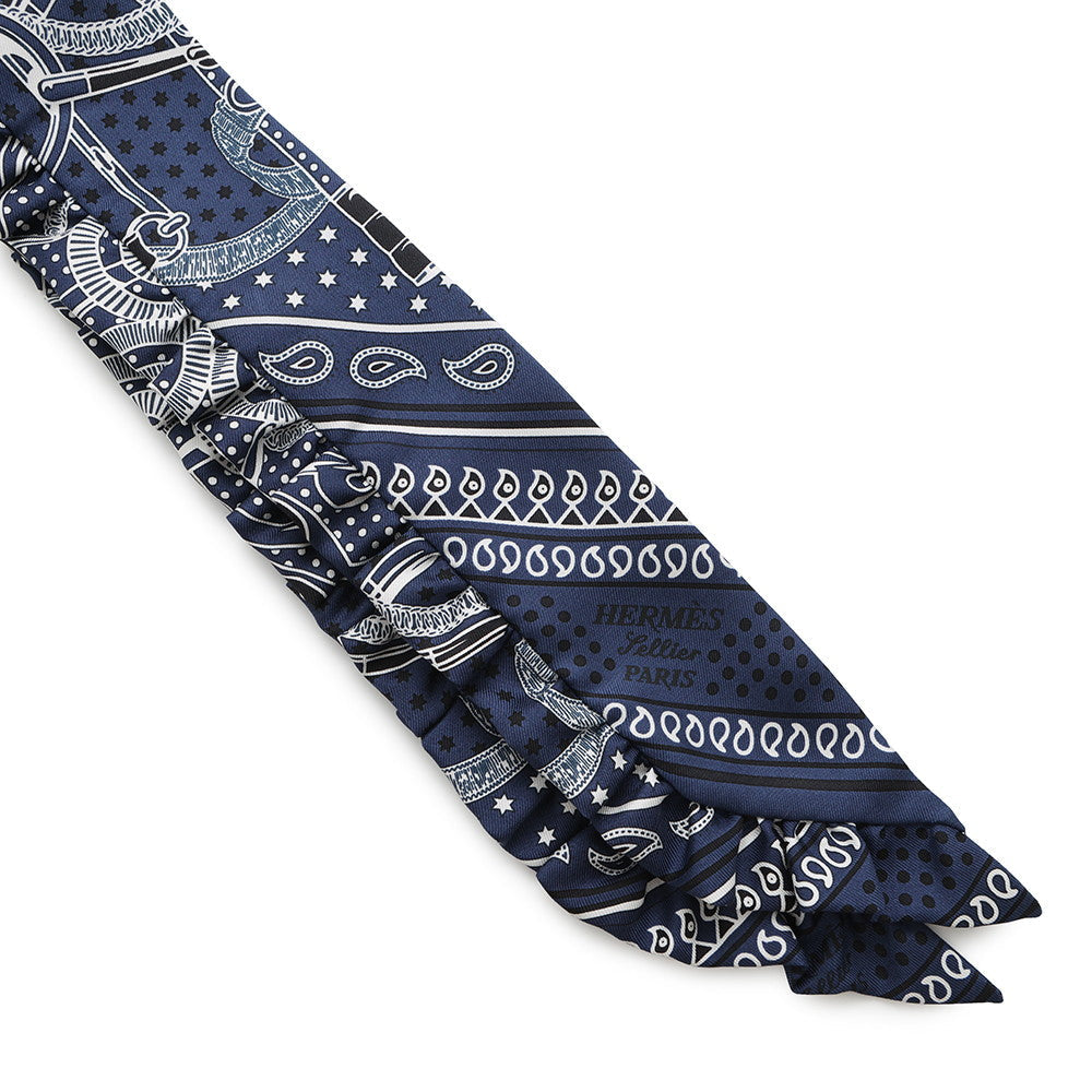 HERMES Twilly Frill Apron Doll Bandana Eperon d'Or Bandana Marine Fonce/Black/White Silk100%