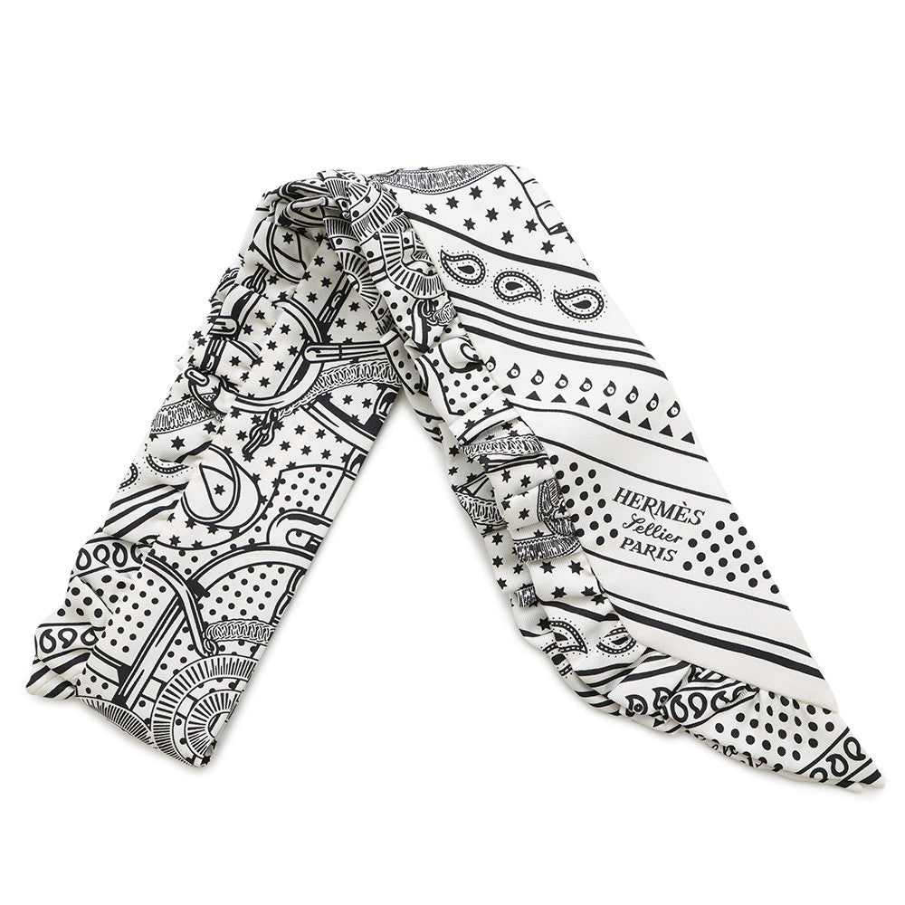 HERMES Twilly Frill Apron Doll Bandana Eperon d'Or Bandana Blanc/Noir Silk100%