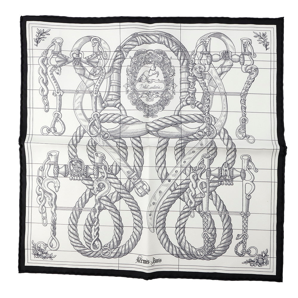HERMES Carre GAVROCHE DELLA CAVALLERIA SCARF Size 45 Black/Blanc/Anthracite Silk100%